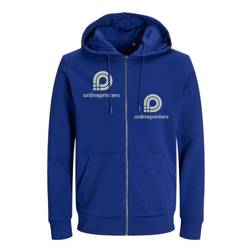 Dark blue cotton blend sweat jacket, unisex fit with hood and full zipper.