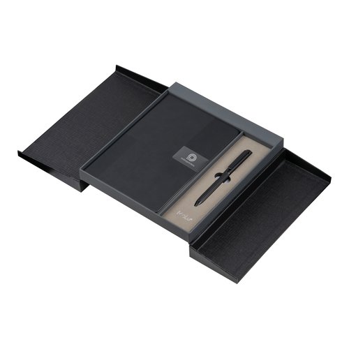 Black hardcover notebook with pen in gift box.