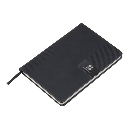 Black notebook with pen holder and ribbon bookmark.