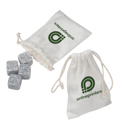 Gray stone ice cubes with a fabric pouch with drawstring.