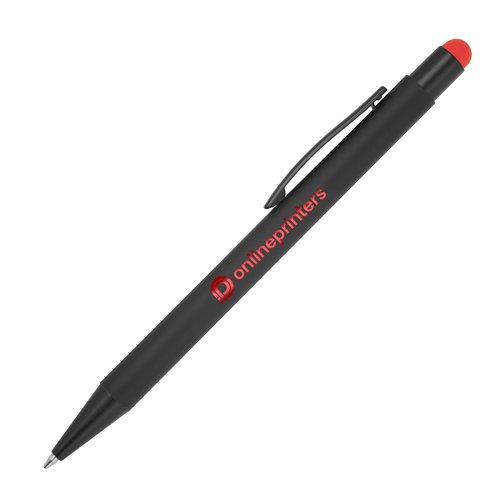 Red metal ballpoint pen with touch function and clip.