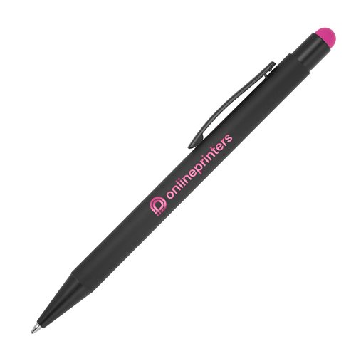 Pink metal ballpoint pen with touch function and clip.