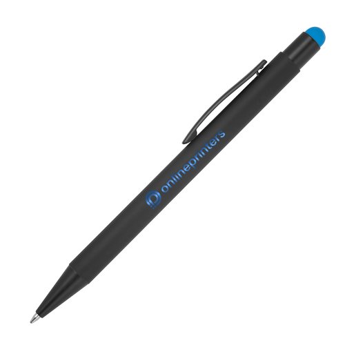 Light blue metal ballpoint pen with touch function, clip and push mechanism.