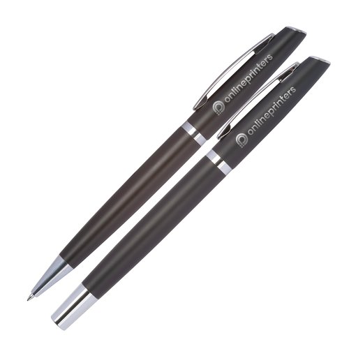 Orange aluminum writing set consisting of ballpoint pen and case.