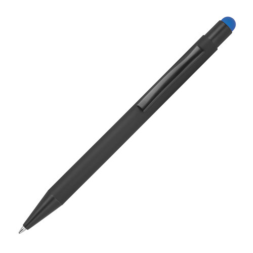 Blue metal ballpoint pen with touch function and clip.