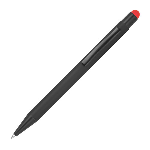 Red metal ballpoint pen with touch function and clip.