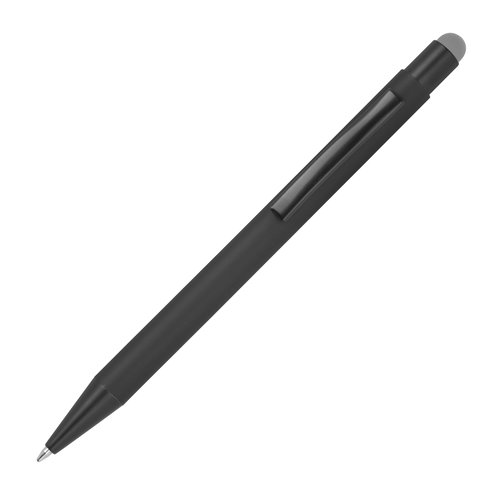 Gray metal ballpoint pen with touch function and clip.
