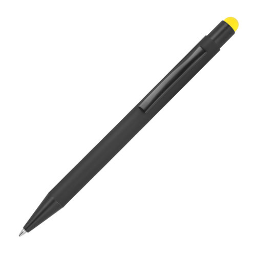 Yellow metal ballpoint pen with touch function and clip.