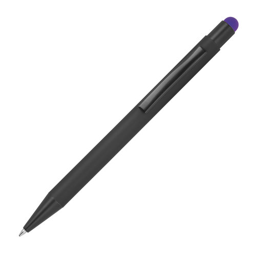 Purple metal ballpoint pen with touch function and clip.