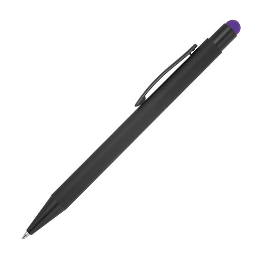 Purple metal ballpoint pen with touch function and clip.