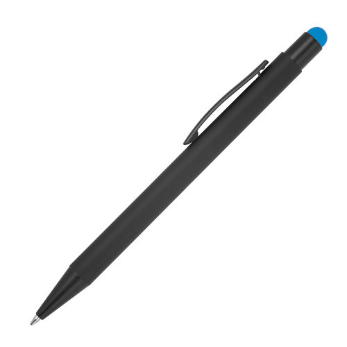 Light blue metal ballpoint pen with touch function and clip.