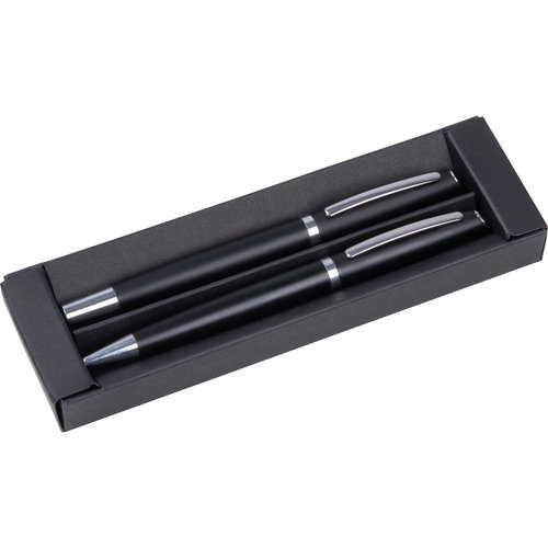 Black writing set made of recycled aluminum with ballpoint pen and pen.