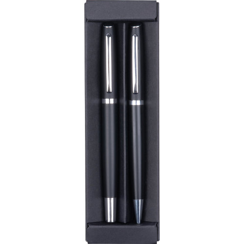 Black writing set made of recycled aluminum, consisting of ballpoint pen and fountain pen.