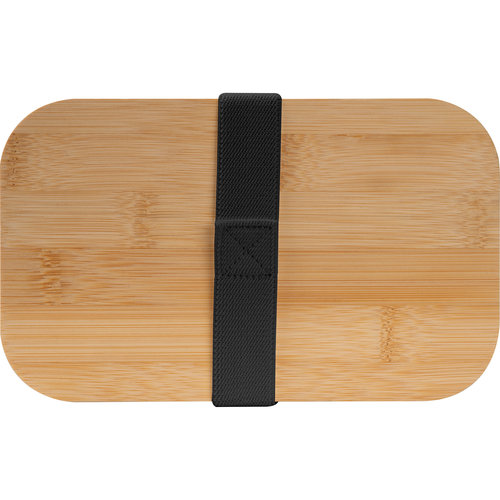 Black lunchbox with bamboo lid and fastening strap.