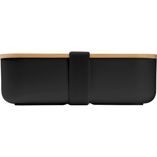 Black lunchbox with bamboo lid and elastic retaining strap.