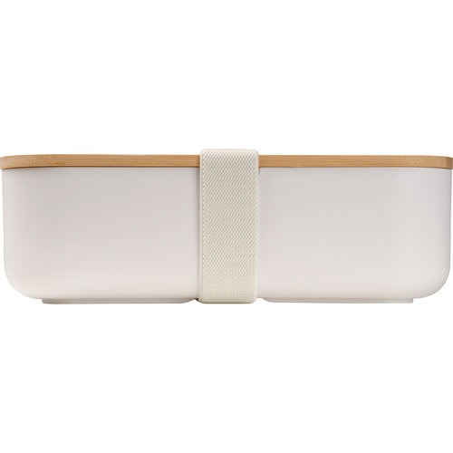 White lunchbox with bamboo lid and fastener band.