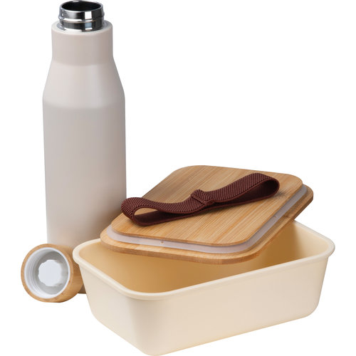 Beige Lunchbox with stainless steel bottle and bamboo lid.