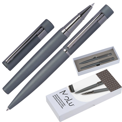 Gray metal writing set with ballpoint pen and rollerball pen.