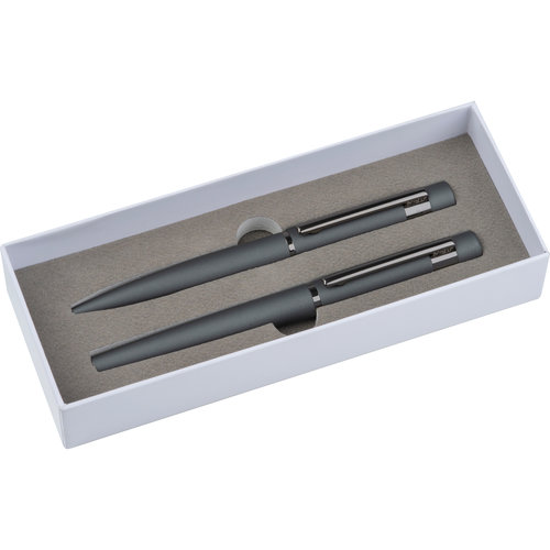 Anthracite-colored metal writing set consisting of ballpoint pen and fountain pen.
