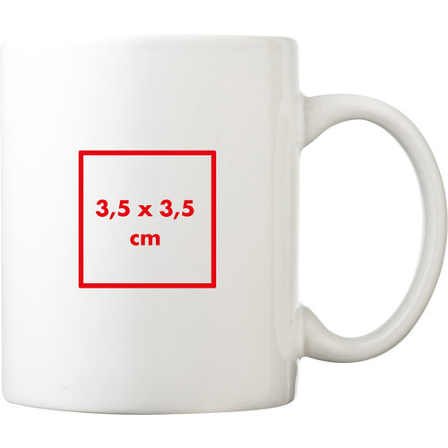 White ceramic mug with handle.