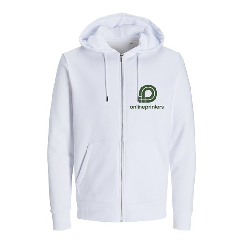 White hooded sweatshirt jacket made of organic cotton and recycled polyester with full zip.