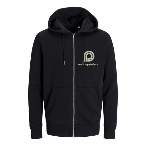 Black fabric hooded sweatshirt with full zipper, unisex cut.