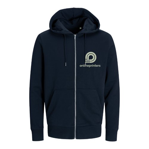 Navy blue hooded sweatshirt jacket made of organic cotton and recycled polyester with full zip.
