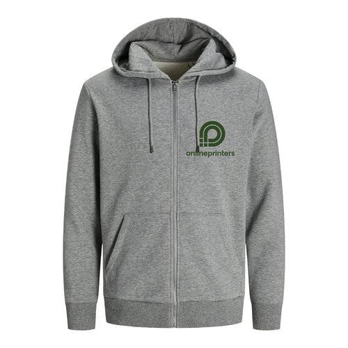 Gray heathered sweatshirt jacket made of organic cotton and recycled polyester with hood and full zipper.