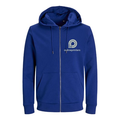 Dark blue cotton-blend sweatshirt jacket with hood and full zip.