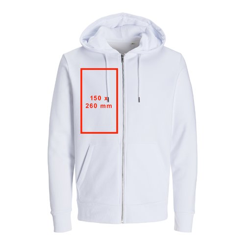 White sweatshirt jacket with hood, full zip and kangaroo pockets.