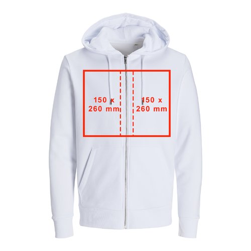 White fabric sweatshirt jacket with hood, zipper and unisex cut.