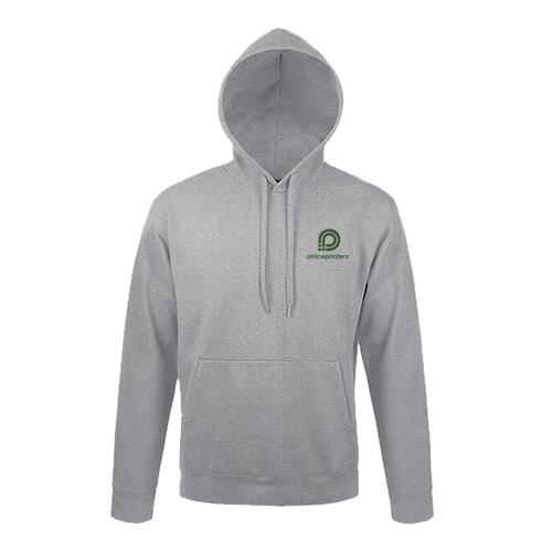 Gray heather cotton-polyester hoodie with drawstring and kangaroo pocket.