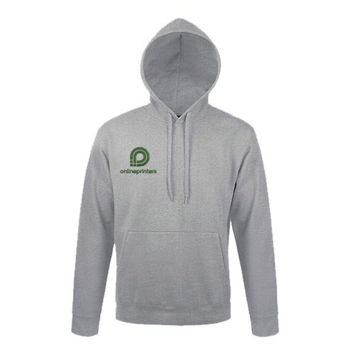 Gray heathered cotton-blend hoodie with hood and kangaroo pocket.