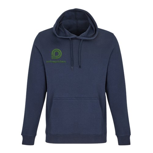 Navy blue cotton-blend hoodie with hood and kangaroo pocket.