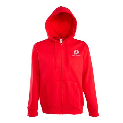 Red cotton-blend hooded sweatshirt with full zipper.