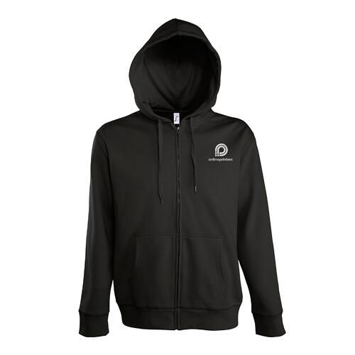 Black cotton blend hooded sweatshirt with full zipper.