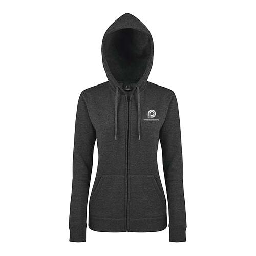 Women's hooded sweatshirt jacket with full zipper and pockets.
