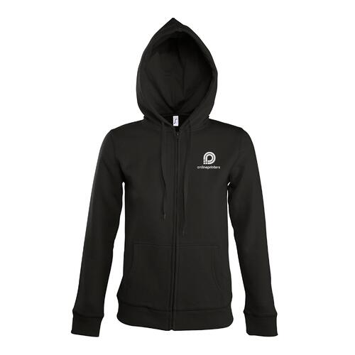 Black cotton-polyester blend sweatshirt jacket with hood and full zipper.
