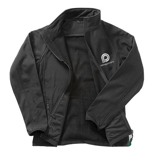 Black polyester softshell jacket for men.