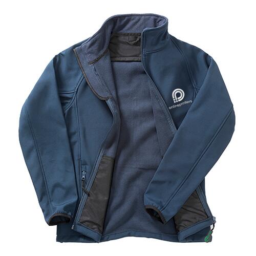 Navy blue polyester softshell jacket for women with a full zipper.