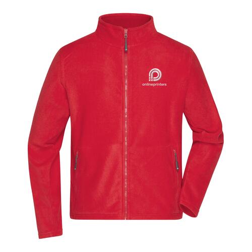 Red polyester fleece jacket for men with full zipper.