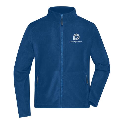 Royal blue polyester fleece jacket with full zipper and side pockets for men.