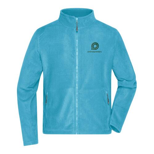 Turquoise polyester fleece jacket with a full zipper.