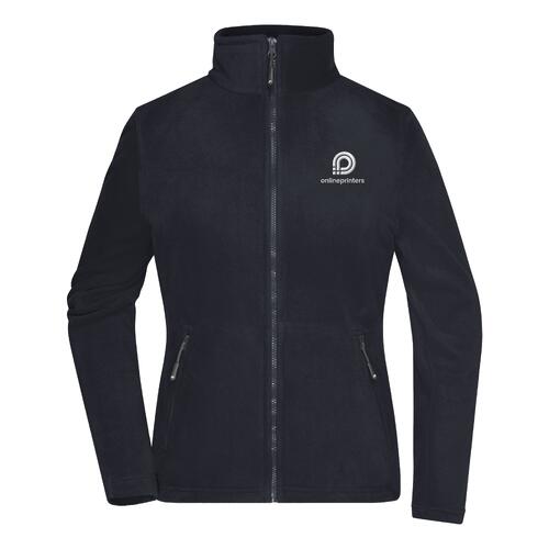 Navy blue polyester fleece jacket for women with a full zipper.