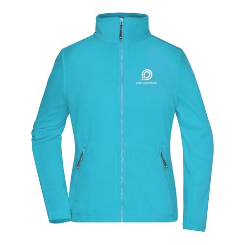 Turquoise polyester fleece jacket with full zipper and side pockets.