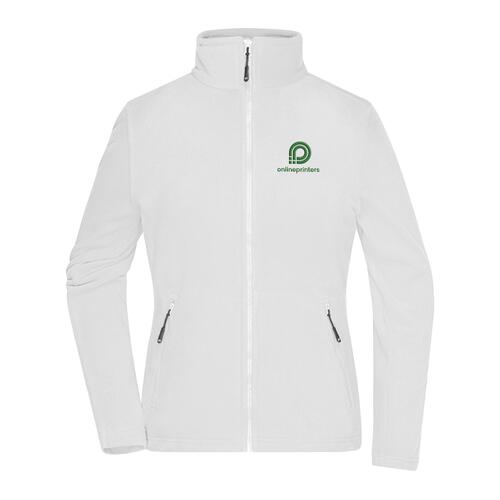 White polyester fleece jacket for women with full zipper and side pockets.