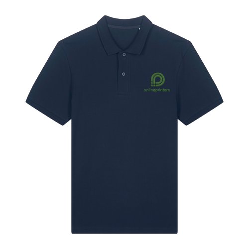 Navy blue organic cotton polo shirt for men with short button placket.