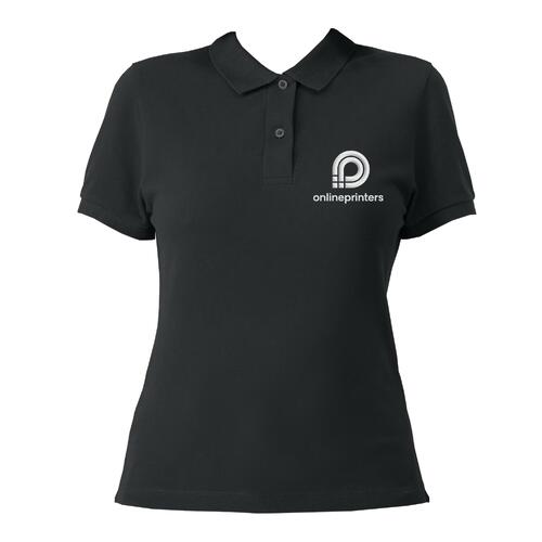 Black women's polo shirt in organic cotton with short button placket.