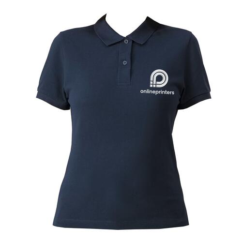Navy blue women's polo shirt in organic cotton with a short button placket.