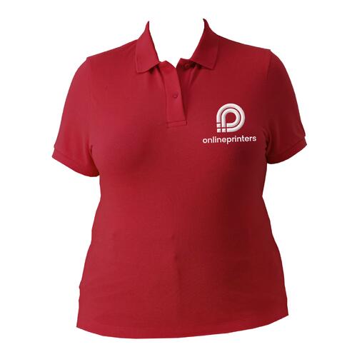 Red women's polo shirt in organic cotton with short sleeves.